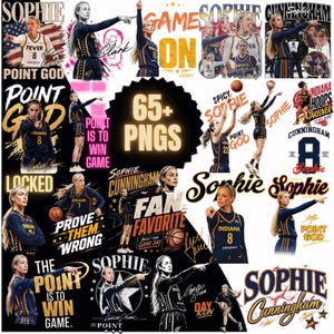 May include: A digital collection of 65+ PNG graphics featuring basketball player Sophie Cunningham in an Indiana Fever uniform. The images include action shots, portraits, and text overlays like Point God, Game On, and Fan Favorite.