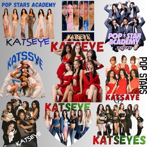May include: A collage featuring the girl group KATSEYE in various outfits, including formal gowns, school-style uniforms, red dresses, and casual wear. The images include the text POP STARS ACADEMY and KATSEYE in multiple colors and fonts.