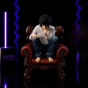 May include: A collectible figure of a character with messy black hair, wearing a long-sleeved white shirt and blue trousers, sitting barefoot in a dark brown ornate leather armchair with one finger held to their lips in a thoughtful pose.