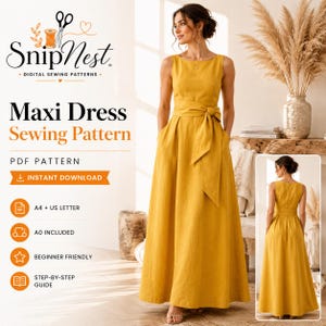 Peut inclure: Une robe longue sans manches jaune moutarde avec une encolure ronde, une large ceinture à nouer et une jupe longue. Le texte SnipNest Maxi Dress Sewing Pattern PDF Pattern Instant Download A4 + US Letter A0 Included Beginner Friendly est visible.
