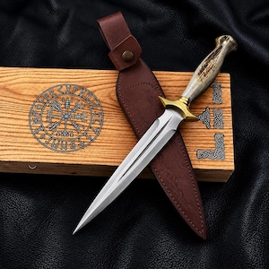Fairbairn Sykes Style Art Knife | Deer Antler Handle, Leather Sheath (12" Overall)