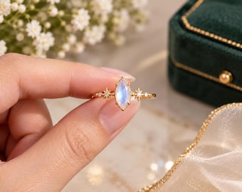 Rainbow Moonstone Engagement Ring, Marquise Moonstone Ring, Celestial Star Ring, Moissanite Promise Ring, Gold Bridal Ring