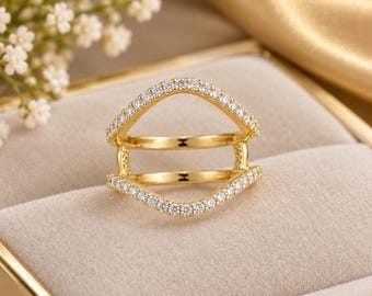 Enhancer Ring, Aggie Ring, 14K Solid Yellow Gold Ring, Enhancer Wrap Guard Ring, Round Colorless Moissanite Engagement Ring, Wedding Ring