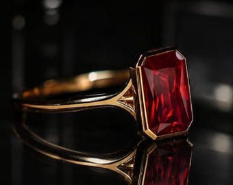 Red Garnet Emerald Cut Ring, Vintage Gold Finish Band, Daily Wear Jewelry