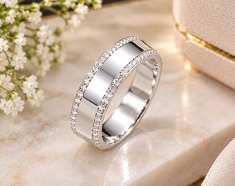 Men's Round Diamond Wedding Band Unisex Band Men's Engagement Ring Two Sided Pave Diamond Band 14k Solid Gold Wide Band Eternity Band Gifts