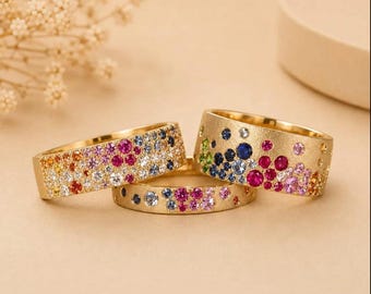 Round Cut Simulated Diamond Wedding Band, Scattered Diamond Stunning Cigar Band, Satin Finish Band, Flush Set Diamond Half Eternity Band