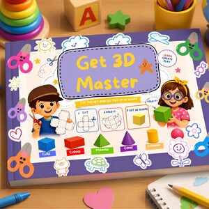 May include: A rectangular instructional book titled Get 3D Master with a purple cover featuring cartoon children, scissors, and geometric shapes. The cover displays diagrams for cutting, folding, and creating 3D shapes like cubes, pyramids, and cones.
