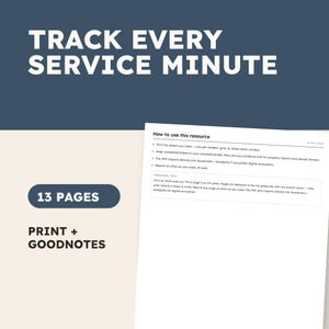 Peut inclure: Un document de ressources numériques intitulé TRACK EVERY SERVICE MINUTE avec 13 pages disponibles pour impression ou Goodnotes. Le document comprend une section intitulée How to use this resource avec des instructions et des conseils d'impression.