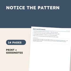 Op de afbeelding: Een digitaal brondocument getiteld NOTICE THE PATTERN met 14 pagina's om af te drukken of te gebruiken in Goodnotes. De pagina bevat instructies over het gebruik van de bron, printtips en opmerkingen over digitale annotatie voor planning.