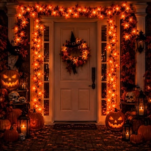 May include: A front door decorated for Halloween with a wreath featuring a black witch hat, surrounded by orange maple leaf garlands with warm lights. Several carved jack-o'-lanterns, human skulls, and lit lanterns are arranged on the porch.