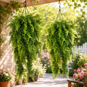 May include: Two lush, vibrant green Boston ferns are suspended from a wooden structure by black metal chains. The dense, feathery fronds cascade downward, creating a full, rounded shape for each plant. The foliage is a bright, healthy green.