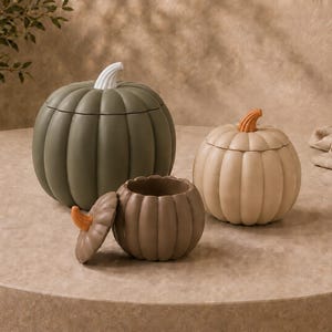 Pode incluir: Três recipientes com tampa em forma de abóbora de tamanhos variados e tons terrosos. Uma abóbora grande verde-oliva com caule branco, uma média bege com caule laranja e uma pequena castanha com a tampa removida ao lado do corpo.