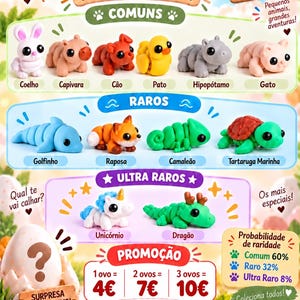 Op de afbeelding: Een verzameling kleine, beweegbare dierenfiguurtjes ingedeeld in zeldzaamheidsniveaus zoals algemeen, zeldzaam en ultra-zeldzaam. De afbeelding toont diverse wezens zoals een konijn, capibara, hond, eend, nijlpaard, kat, dolfijn, vos, kameleon, schildpad, eenhoorn en draak, samen met promotieprijzen en zeldzaamheidskansen.