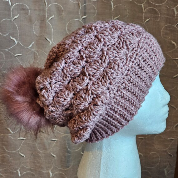 Pink Crochet Hat/ Pink Pom-Pom/ Pink Slouchy Hat … - image 3