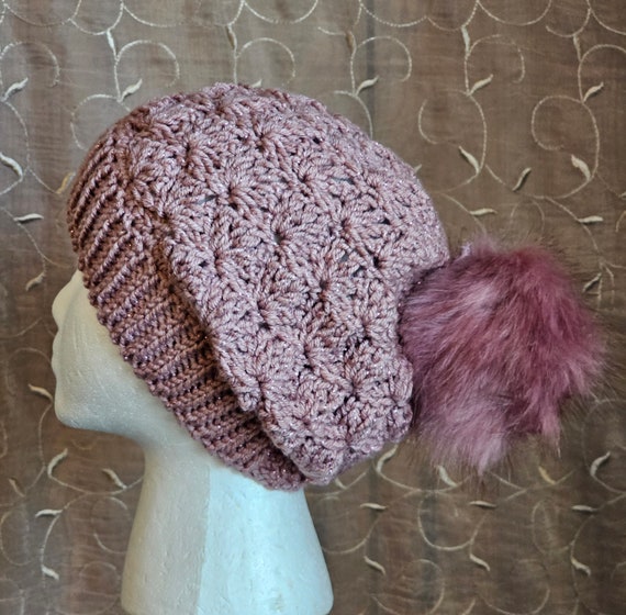 Pink Crochet Hat/ Pink Pom-Pom/ Pink Slouchy Hat … - image 1