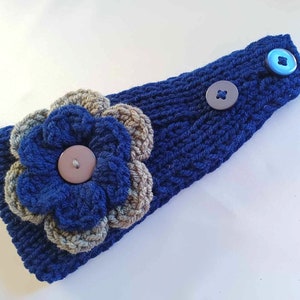 Navy Knit Ear Warmer/Headband/Head Wrap/Crochet flower