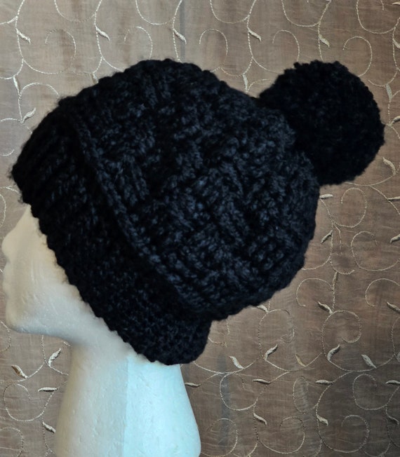 Black Crochet Hat/ Black Slouchy Crochet/ Handmad… - image 1