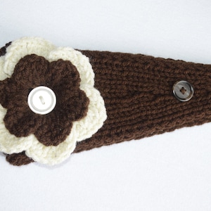 Brown knit ear warmer/ crochet flower/ knit headband/