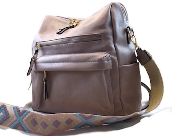 Lavender Vegan Faux Leather DSLR Camera Backpack with Guitar Strap