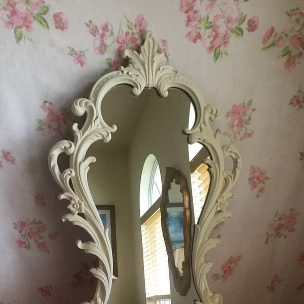 SALE ...Large vintage Mirror/ with detachable brass planter - Painted Old white - Shabby Chic - Farmhouse Decor 36 x 17 Huge