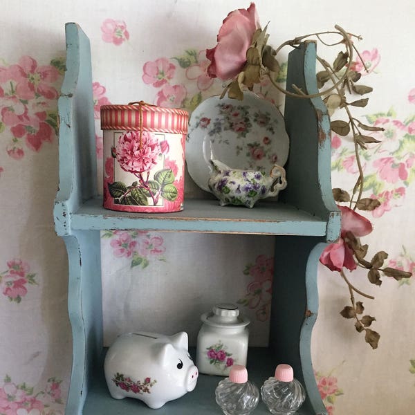 Vintage Shabby Chic shelf, LARGE, Display shelf, wooden wall shelf, kitchen shelf, bathroom shelf, nursery curio shelf, cottage chic,, BLUE