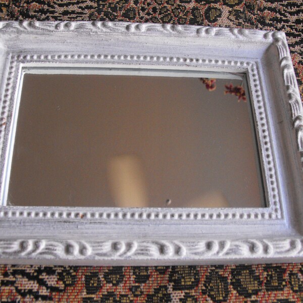 Vintage Mitror White Shabby Chic Mirror - Easel back or hang on wall - 6" x 8" Romantic Cottage - Small white mirror - painted - Wood