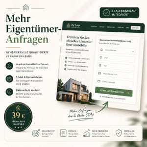 Könnte beinhalten: Eine digitale Marketinggrafik zur Immobilien-Lead-Generierung mit einer Website-Oberfläche, einem Formular zur Immobilienbewertung, dunkelgrünen Akzenten und deutschem Text wie 'Mehr Eigentümer-Anfragen' und 'Kostenlose Immobilienbewertung'.