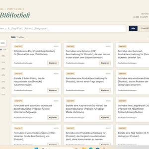 May include: A digital interface titled Prompt-Bibliothek featuring a search bar and a grid of twelve rectangular cards. Each card contains German text prompts, a small orange label reading 'isoliert', and a 'Kopieren' button. The sidebar lists categories.