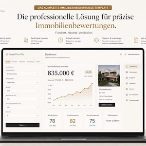 Könnte beinhalten: Ein Laptop-Bildschirm zeigt das ImmoWert Pro Dashboard zur Immobilienbewertung. Die Software enthält ein Marktwertdiagramm, Eingabefelder für Objektdaten und verschiedene Scores. Text: ImmoWert Pro, Dashboard, Die professionelle Lösung für präzise Immobilienbewertungen.