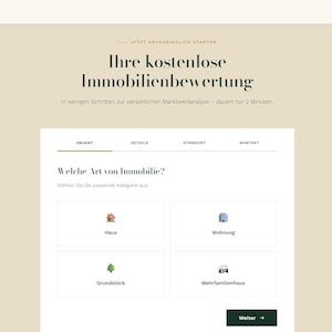 May include: A webpage interface for Bremer Immobilien featuring a beige background, the title 'Ihre kostenlose Immobilienbewertung', and a selection form with four property categories: Haus, Wohnung, Grundstück, and Mehrfamilienhaus.