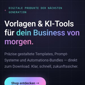 Könnte beinhalten: Eine dunkle Website-Oberfläche für NOVA mit dem Text: DIGITALE PRODUKTE DER NÄCHSTEN GENERATION, Vorlagen & KI-Tools für dein Business von morgen, Präzise gestaltete Templates, Prompt-Systeme und Automations-Bundles, Shop entdecken, Bestseller ansehen.