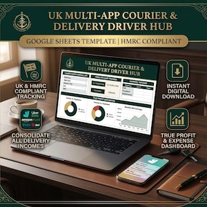 Può includere: Un modello digitale Google Sheets per corrieri nel Regno Unito visualizzato sullo schermo di un portatile. L'interfaccia include un registro delle entrate, un tracciatore di chilometraggio HMRC, un registro delle spese e un cruscotto dei profitti.