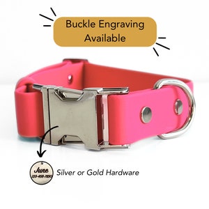 Personalized Biothane Dog Collar; Engraved Faux Leather Waterproof Dog Collar: Hot Pink Biothane with Silver Metal Hardware (Collar Only)