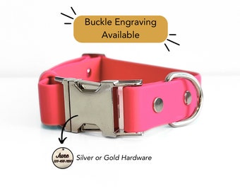 Personalized Biothane Dog Collar; Engraved Faux Leather Waterproof Dog Collar: Hot Pink Biothane with Silver Metal Hardware (Collar Only)