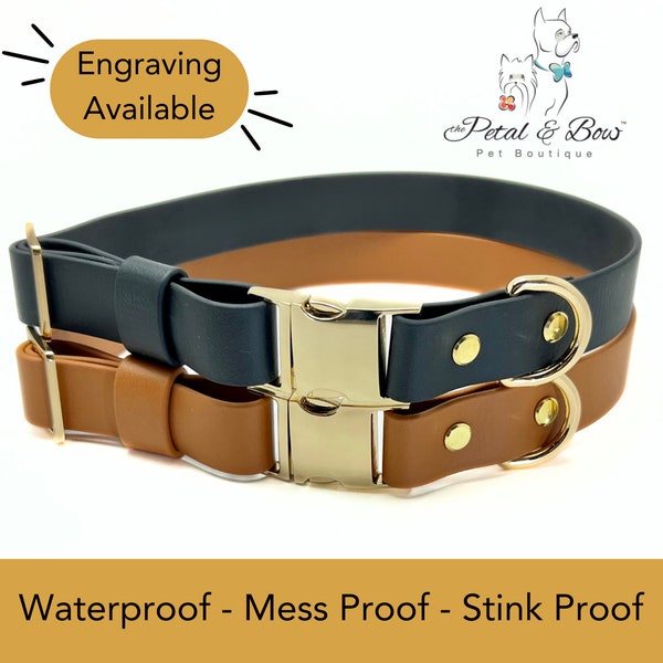 Engraved Biothane Dog Collar; Personalized Faux Leather Dog Collar: Cognac Brown OR Black Biothane (Collar Only)