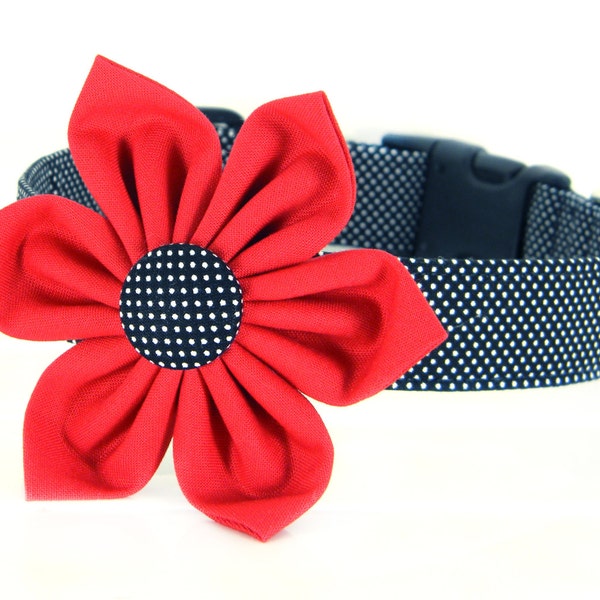 Red Black White Dot Flower Dog Collar/ Girl Dog Collar Flower Set: B&W Swiss Dot in Red