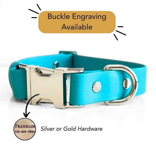 Personalized Biothane Dog Collar; Personalized Faux Leather Waterproof Dog Collar: Teal Biothane with Silver Metal Hardware (Collar Only)