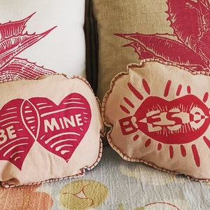 Sweethearts handmade blockprinted soft sculptures small gift pillows blanket stitch detail