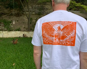 Tee or Cami hand printed, silkscreened and block printed, various designs PRE-ORDER, Chicken, Tejas, Sunburst, Besos, Be Mine, Chonky Bear