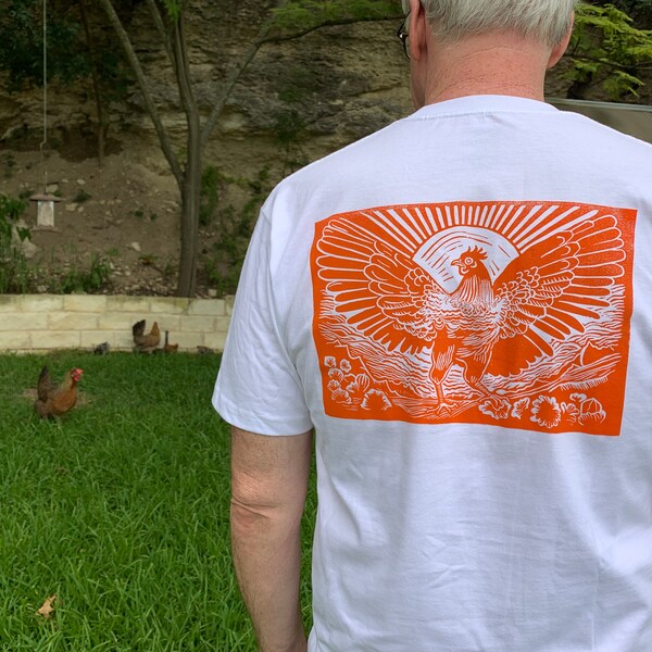 Tee or Cami hand printed, silkscreened and block printed, various designs PRE-ORDER, Chicken, Tejas, Sunburst, Besos, Be Mine, Chonky Bear