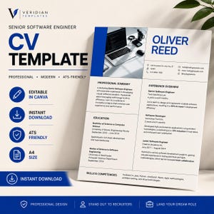 Senior Software Engineer CV Template | Editable in Canva | Instant Download