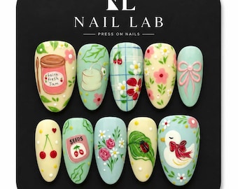 Press On Nails Cottagecore Picnic Duck Hand Painted Glossy Mint Green Cream Short Almond