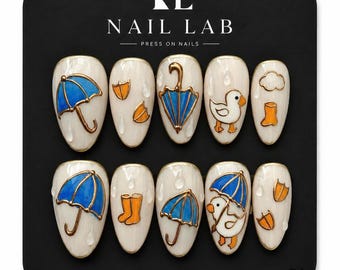 Hand Painted Press On Nails Duck Umbrella Rain Boots Blue Orange Short Almond Glossy