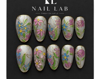 Stained Glass Floral Press On Nails Metallic Botanical Fine Line Art Silver Short Almond
