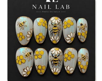 Bumblebee Honeycomb Press On Nails Daisy Floral Pearlescent Blue Gel Short Almond