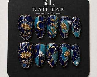 Stained Glass Press On Nails Celestial Lotus Metallic Gold Navy Teal Short Almond