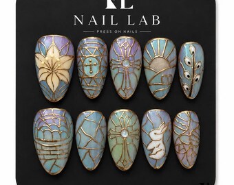 Stained Glass Press On Nails Gold Shimmer Pastel Blue Mosaic Short Almond