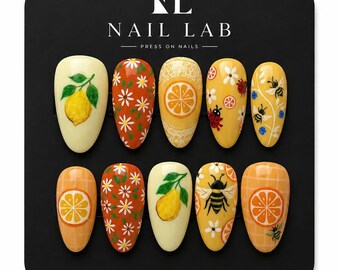 Hand Painted Lemon Citrus Press On Nails Glossy Floral Yellow Orange Short Almond