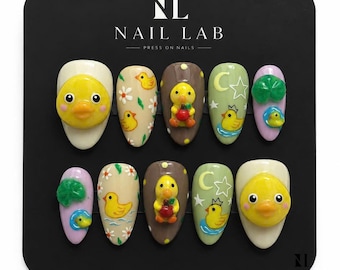 Yellow Cartoon Chick Duck Press On Nails Kawaii Animal Theme Glossy Short Almond