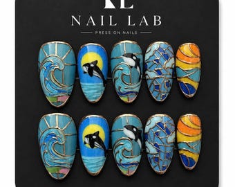 Stained Glass Ocean Press On Nails Orca Whale Wave Art Gold Line Blue Short Almond